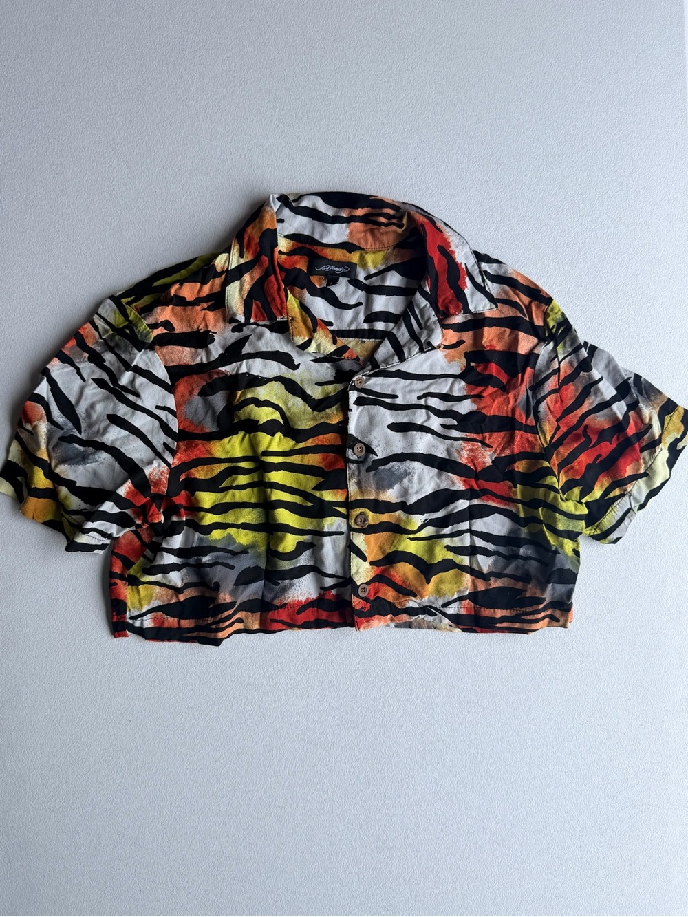 Ed Hardy Multicolor Cropped Button-Front Zebra Stripe Top